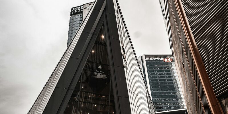 Modern glass office towers in a financial district